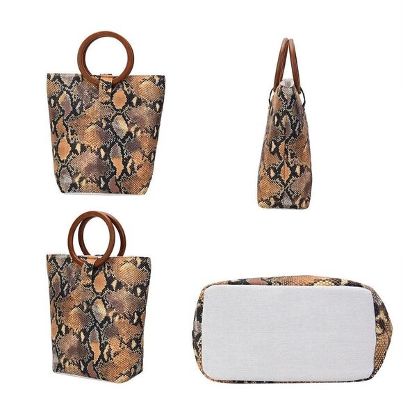 Snakeskin Print Tote Bag with Wooden Handle - Picture 3 of 4